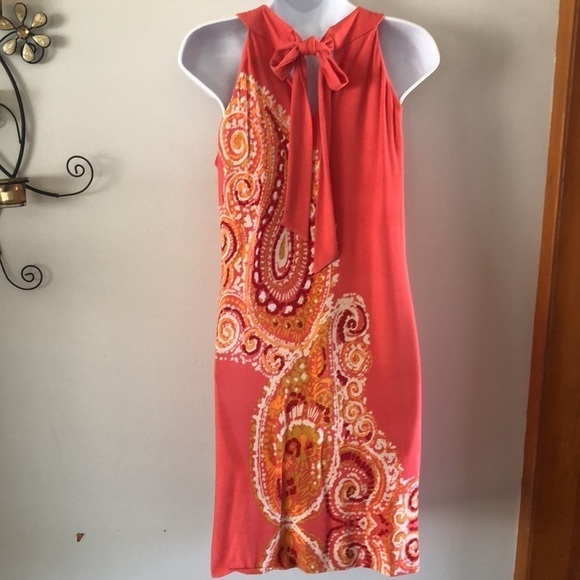 Ann Taylor Size 4P Shift Dress Lined Sleeveless Printed Stretch Bow Detail - Picture 5 of 16